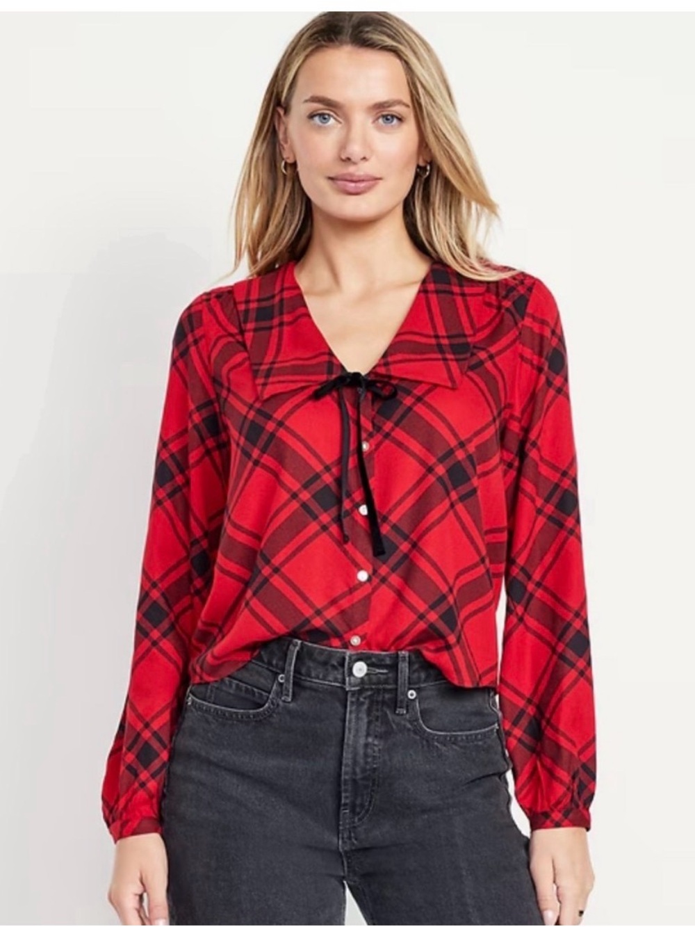 Old Navy Red and Black Plaid Velvet Tie-Front Blouse